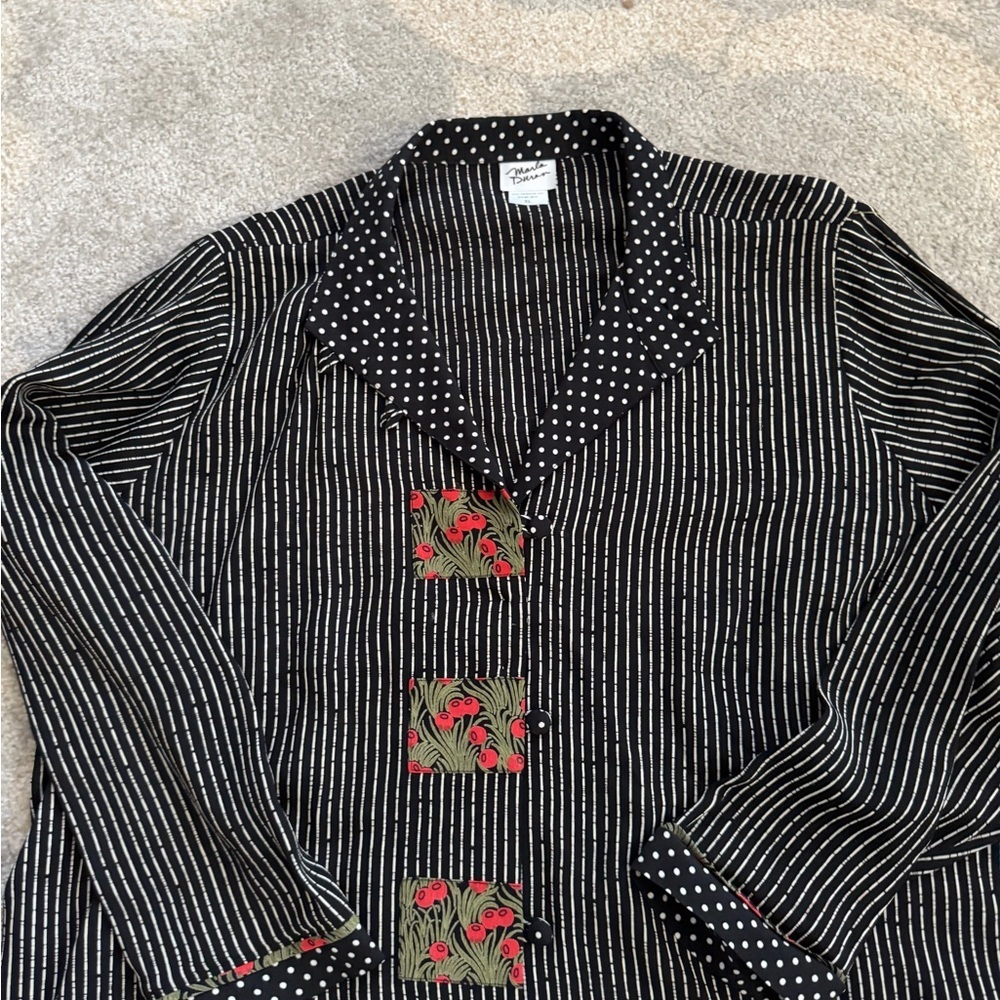 Marla Duran XL Black Rayon Art Polka Dot Collar | Floral Patch Detail | USA - Picture 6 of 16